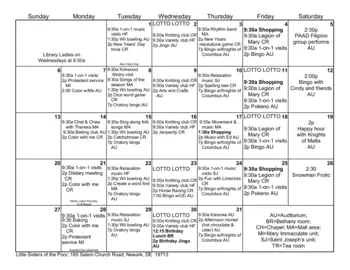 Activity Calendar of Jeanne Jugan Center - Delaware, Assisted Living, Nursing Home, Independent Living, CCRC, Newark, DE 1