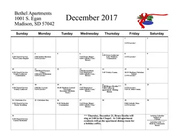 Activity Calendar of Bethel Lutheran Home, Assisted Living, Nursing Home, Independent Living, CCRC, Madison, SD 2