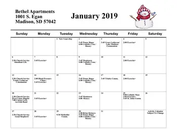 Activity Calendar of Bethel Lutheran Home, Assisted Living, Nursing Home, Independent Living, CCRC, Madison, SD 10