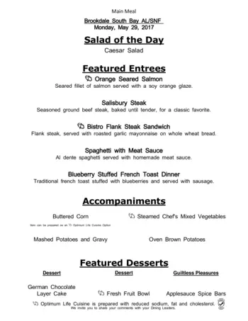 Dining menu of Brookdale South Bay, Assisted Living, Nursing Home, Independent Living, CCRC, South Kingstown, RI 2