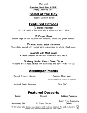 Dining menu of Brookdale South Bay, Assisted Living, Nursing Home, Independent Living, CCRC, South Kingstown, RI 6