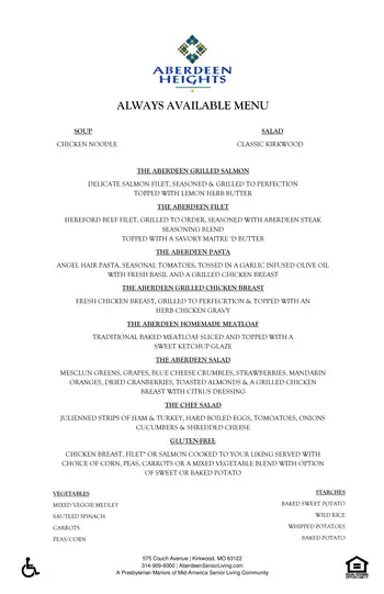 Dining menu of Aberdeen Heights, Assisted Living, Nursing Home, Independent Living, CCRC, Kirkwood, MO 1