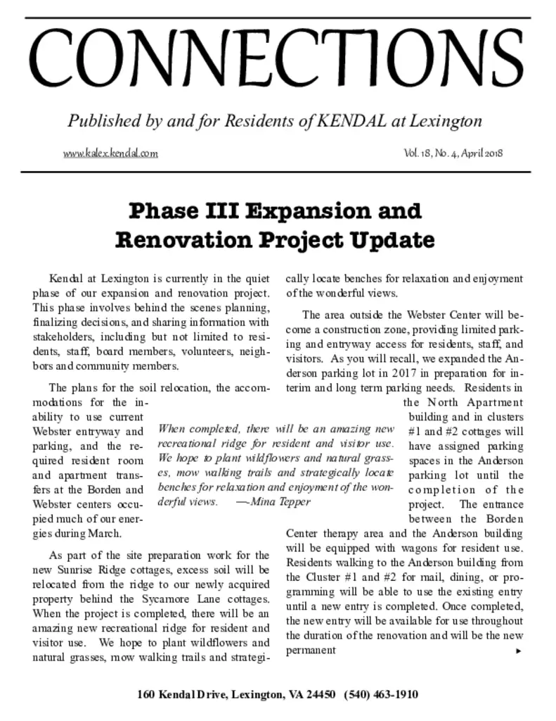 PDF Newsletter of Kendal at Lexington, , , , , Lexington, VA - 12849-C01116^April-2018-Resident-Newsletter^18_pg