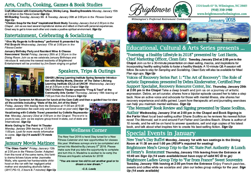 PDF Newsletter of Brightmore of Wilmington, , , , , Wilmington, NC - 14240-C01160^Brightmore-January-2018Calendar^2_pg
