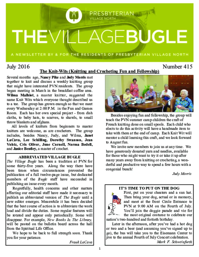 PDF Newsletter of Presbyterian Village North, , , , , Dallas, TX - 18981-C01365^The-Village-Bugle-July-2016^4_pg