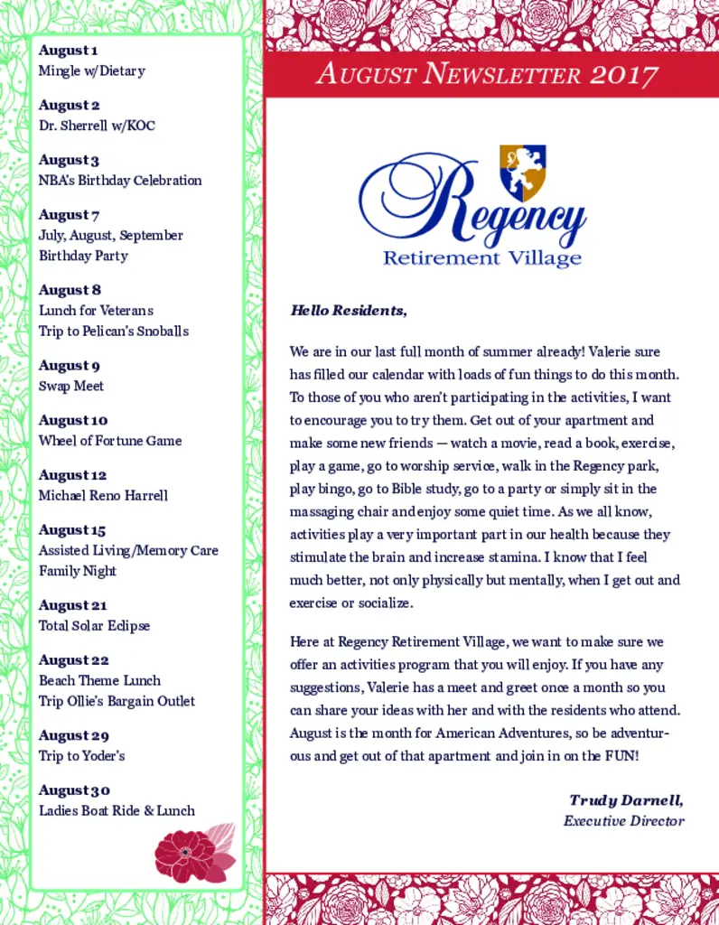 PDF Newsletter of Regency Retirement Village Morristown, , , , , Morristown, TN - 19350-C01391^Newsletter-August-Morristown^8_pg