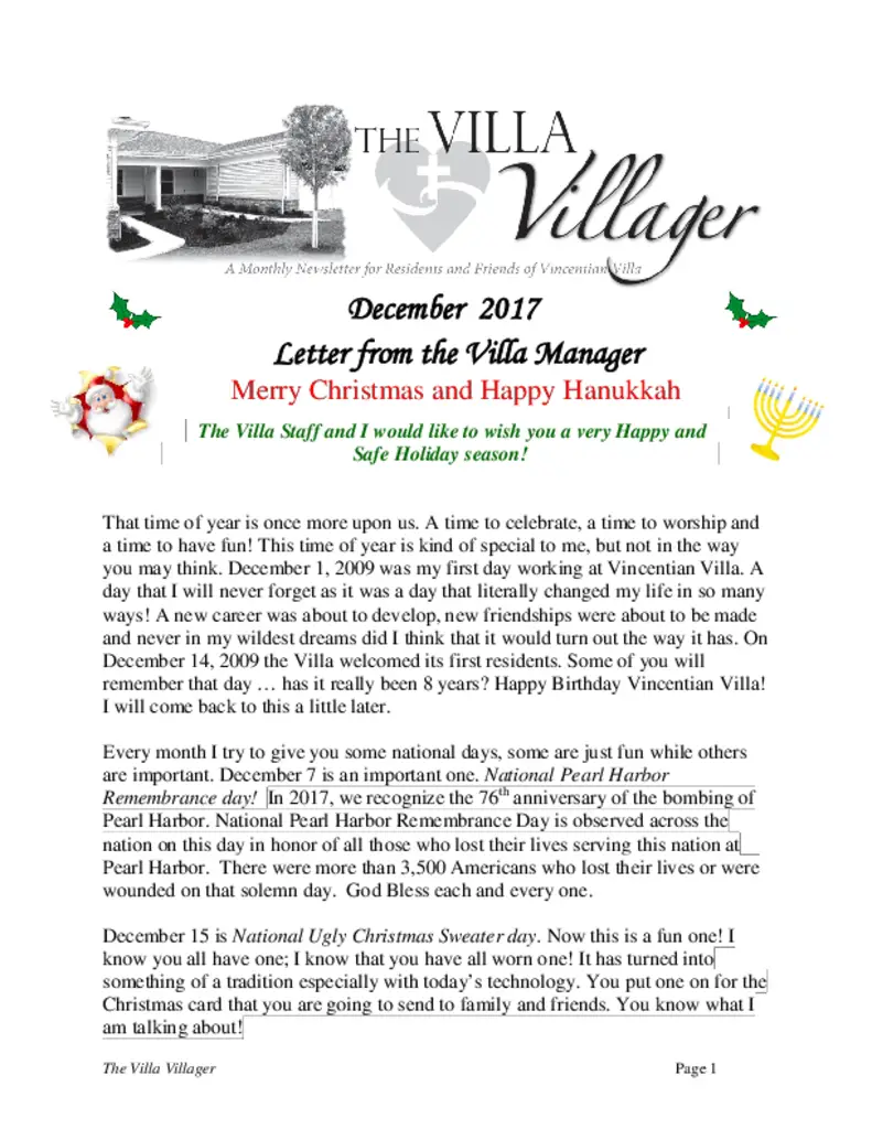 PDF Newsletter of Vincentian Villa, , , , , Pittsburgh, PA - 22697-C01581^Villa-Villager-December-2017^12_pg