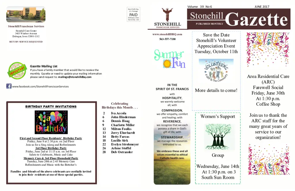 PDF Newsletter of Stonehill Franciscan Services, , , , , Dubuque, IA - 25377-C00147^June-2017-Gazette-newsletter^4_pg