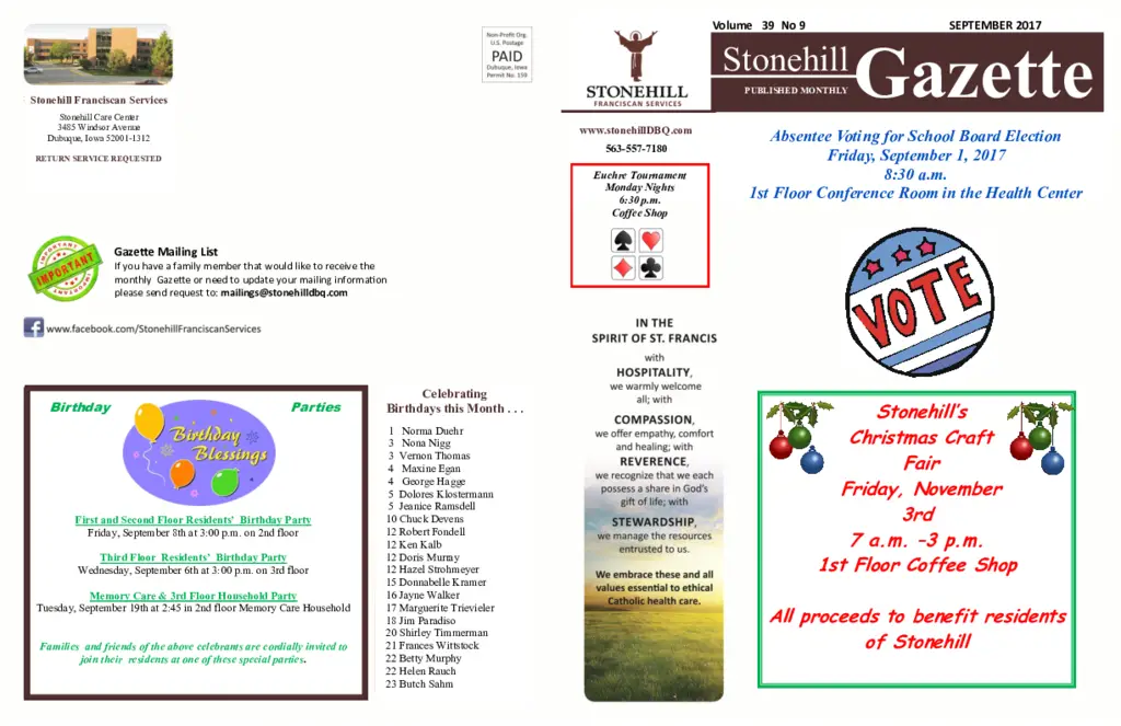 PDF Newsletter of Stonehill Franciscan Services, , , , , Dubuque, IA - 25379-C00147^September-2017-Gazette^4_pg