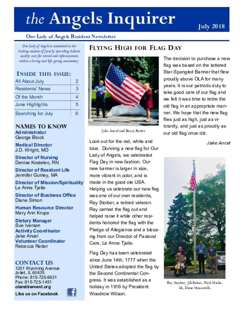 PDF Newsletter of Our Lady of Angels, , , , , Joliet, IL - 26843-C00175^the-Angels-Inquirer_July-2018^6_pg