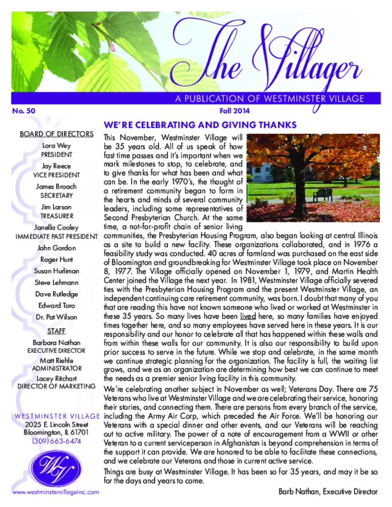 PDF Newsletter of Westminster Village, , , , , Bloomington, IL - 27000-C00182^Villager-Fall-2014^4_pg_0