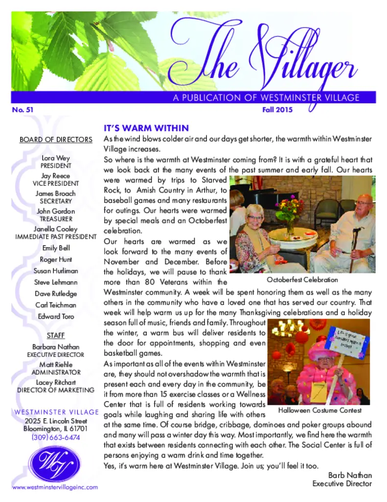 PDF Newsletter of Westminster Village, , , , , Bloomington, IL - 27001-C00182^Villager-Fall-2015^4_pg_0
