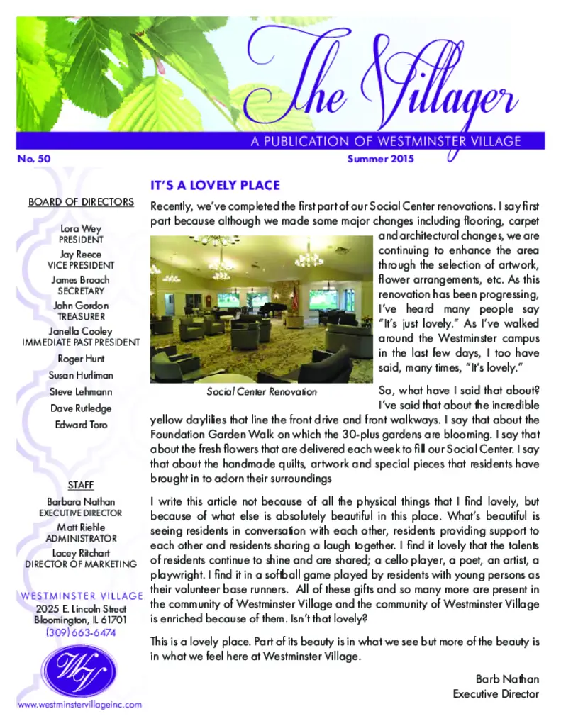 PDF Newsletter of Westminster Village, , , , , Bloomington, IL - 27002-C00182^Villager-Summer-2015^4_pg_0