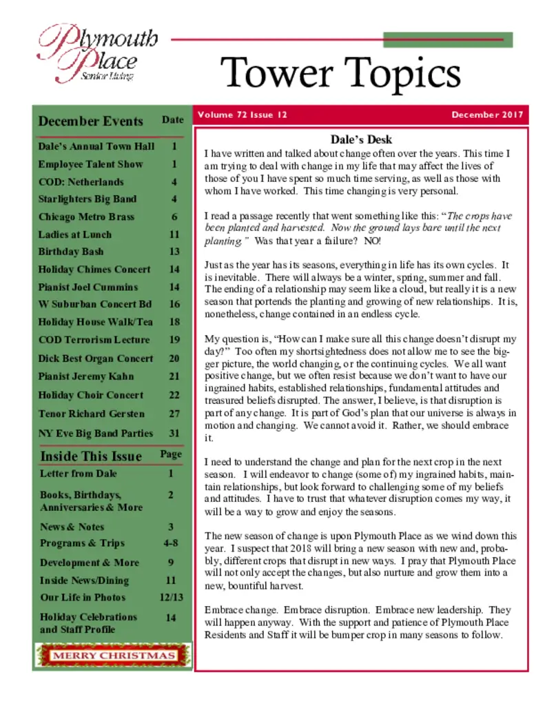 PDF Newsletter of Plymouth Place, , , , , La Grange Park, IL - 27184-C00189^December-2017-Tower-Topics^14_pg