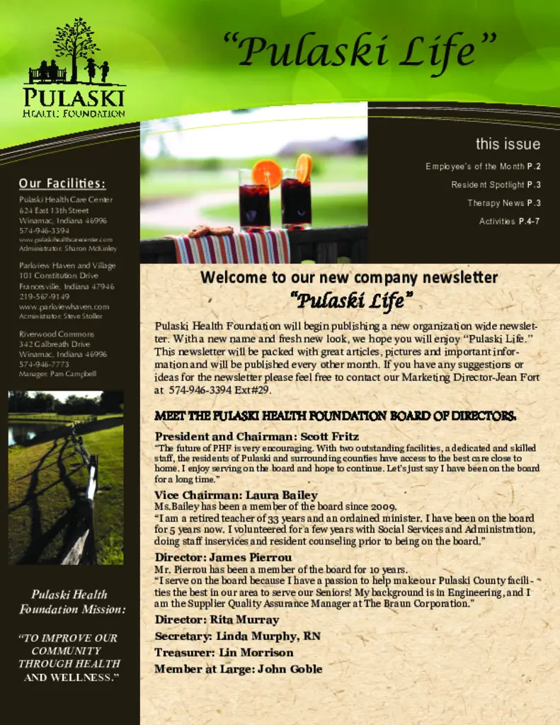 PDF Newsletter of Parkview Haven Retirement Community, , , , , Francesville, IN - 27540-C00207^Newsletter_Pulaski_Life^8_pg