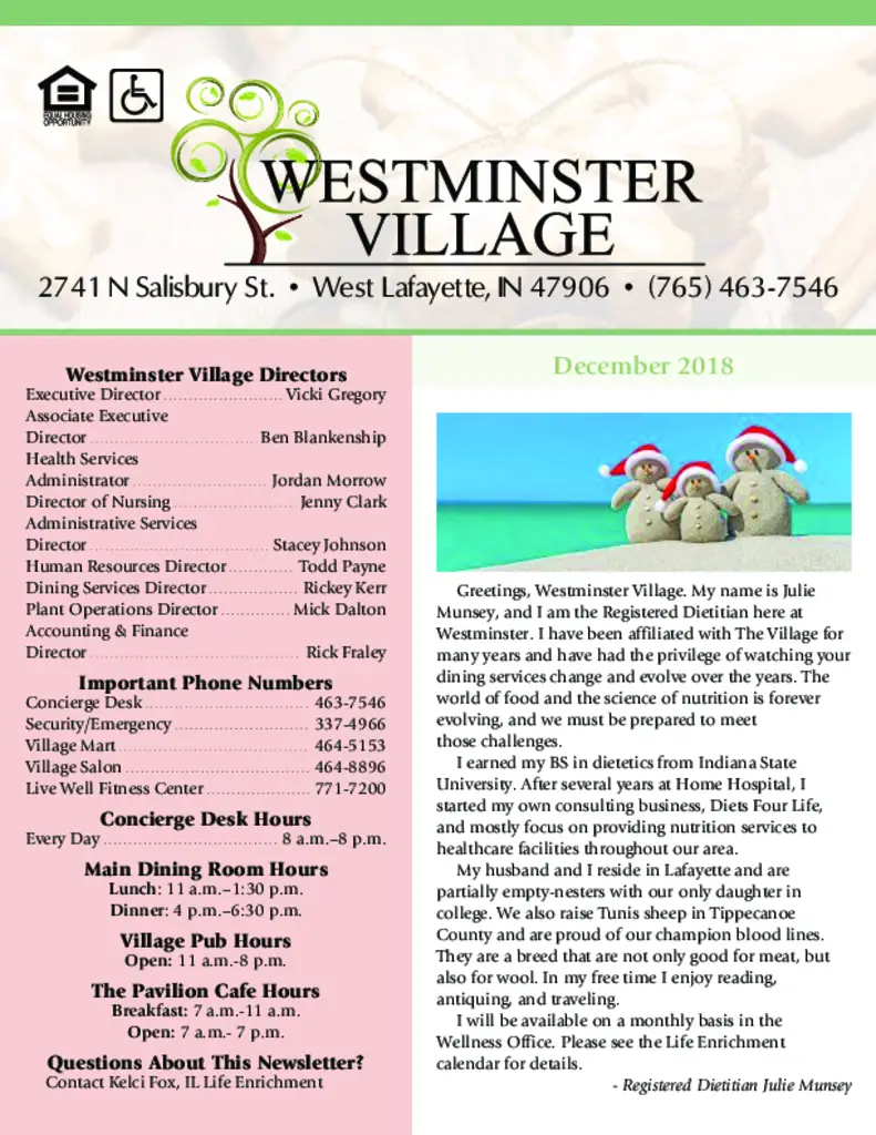 PDF Newsletter of Westminster Village, , , , , West Lafayette, IN - 27971-C00219^December-Newsletter-2018^8_pg