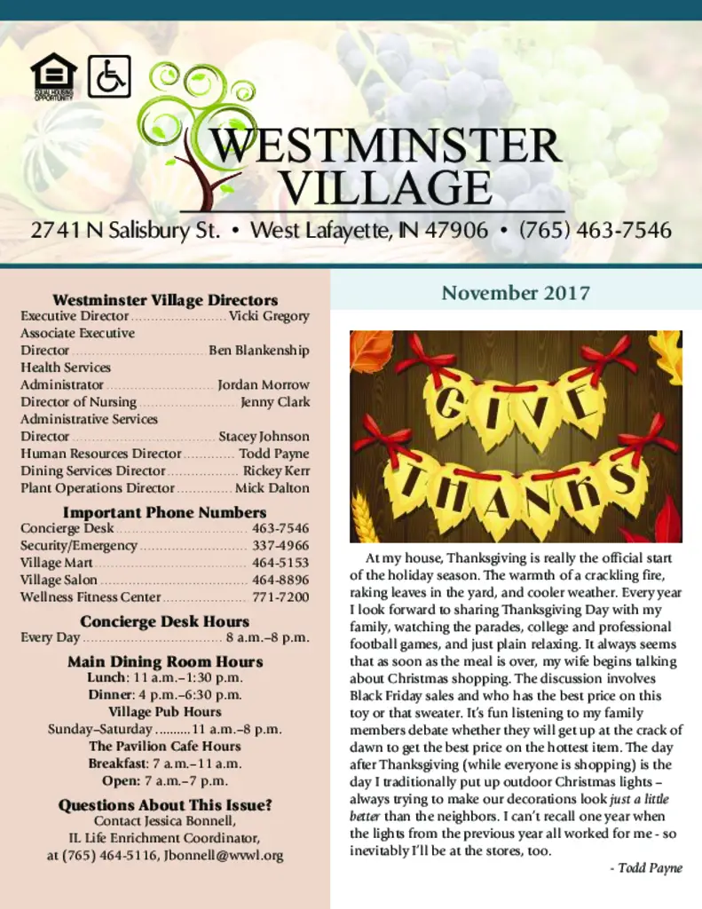 PDF Newsletter of Westminster Village, , , , , West Lafayette, IN - 27972-C00219^EY-555_November-2017_Newsletter_1509040438894^8_pg