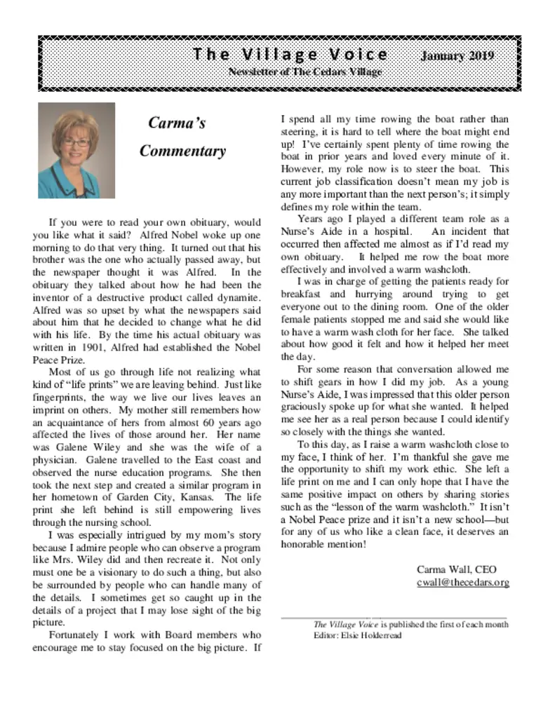 PDF Newsletter of The Cedars Kansas, , , , , Mcpherson, KS - 28493-C00243^1-2019_Jan_issue_2019^13_pg