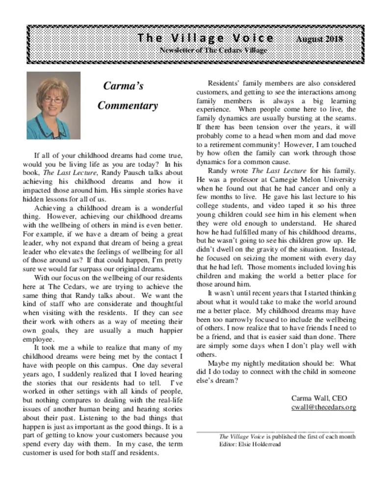 PDF Newsletter of The Cedars Kansas, , , , , Mcpherson, KS - 28495-C00243^Aug_Village_Voice_Full_issue_2018_Web^15_pg