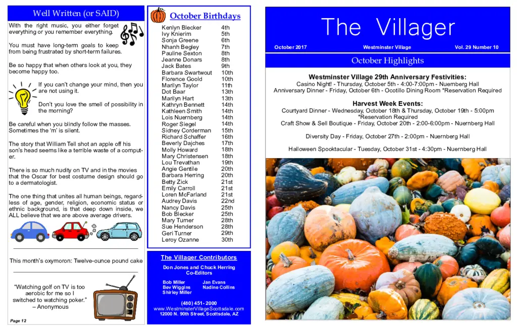 PDF Newsletter of Westminster Village, , , , , Scottsdale, AZ - 2898-C00016^October-2017-Villager^6_pg