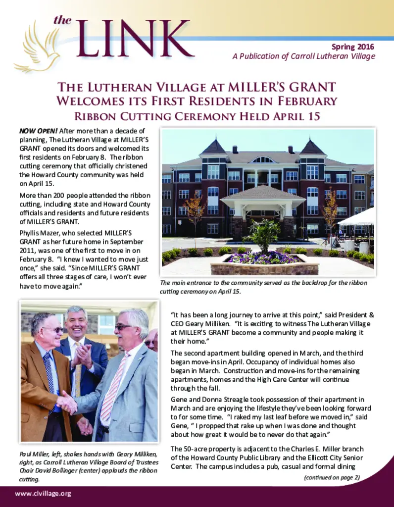 PDF Newsletter of Carroll Lutheran Village, , , , , Westminster, MD - 30030-C00265^spring_2016_link^8_pg