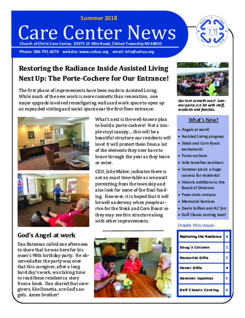 PDF Newsletter of Church of Christ Care Center, , , , , Clinton Township, MI - 30992-C00305^Summer-2018-Newsletter^6_pg