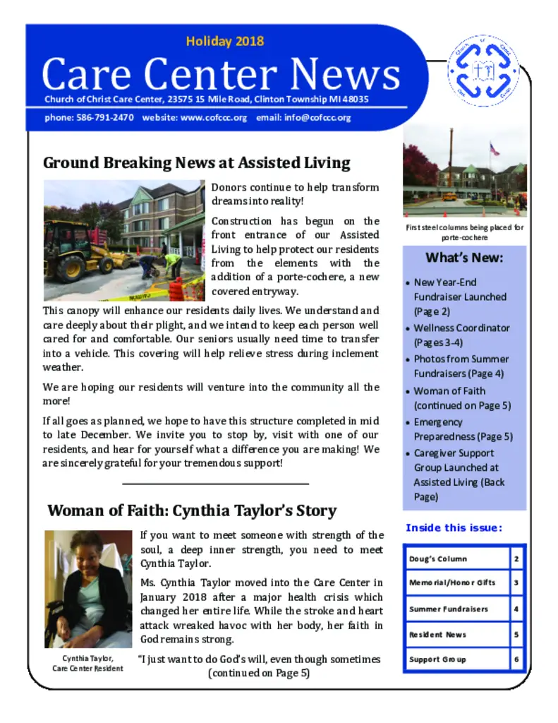 PDF Newsletter of Church of Christ Care Center, , , , , Clinton Township, MI - 30994-C00305^Holiday-2018-Newsletter^6_pg