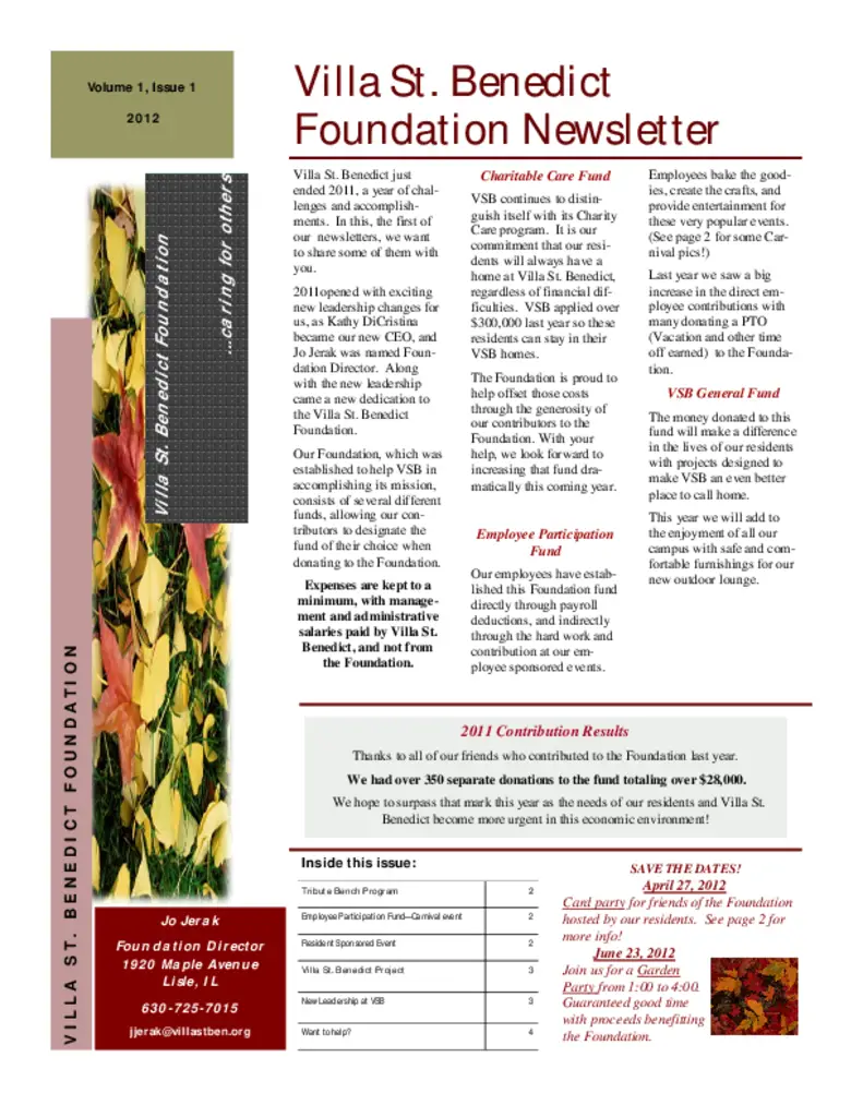 PDF Newsletter of Villa St. Benedict, , , , , Lisle, IL - 36278-C00727^VSB_Foundation_Newsletter_V1-1^4_pg