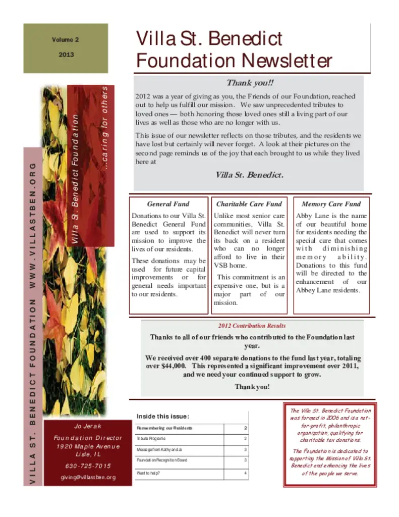 PDF Newsletter of Villa St. Benedict, , , , , Lisle, IL - 36279-C00727^VSB_Foundation_Newsletter_V2-1^4_pg