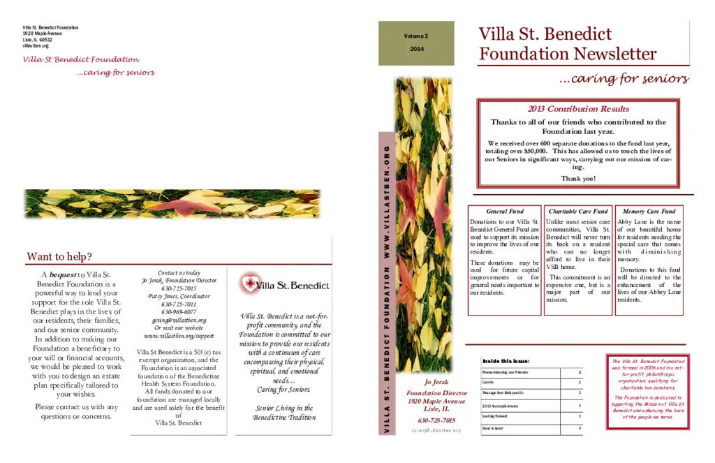 PDF Newsletter of Villa St. Benedict, , , , , Lisle, IL - 36280-C00727^VSB_Foundation_Newsletter_V3^2_pg