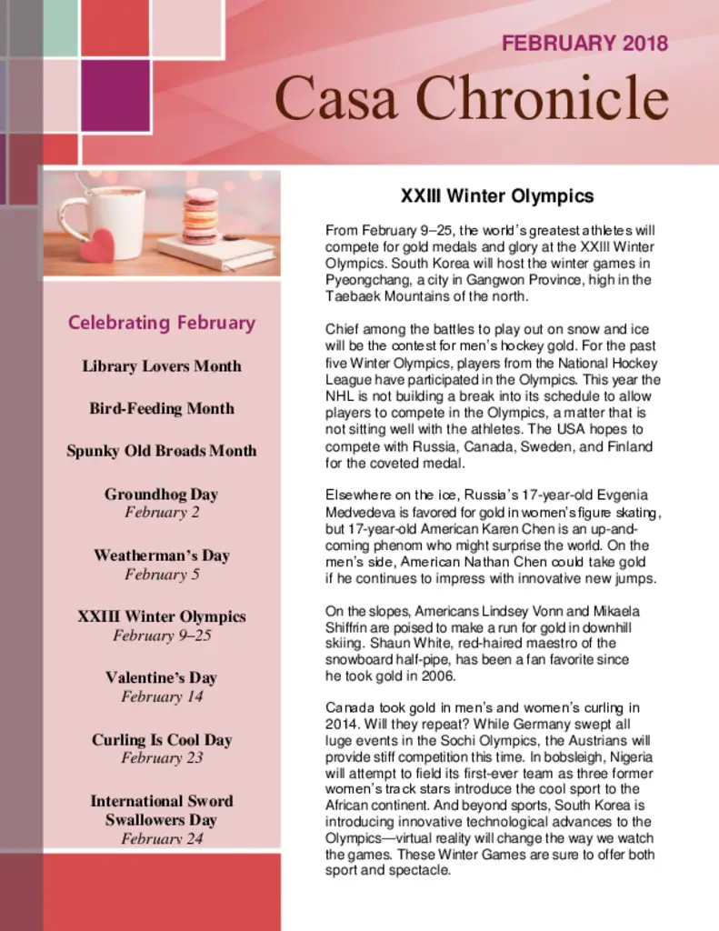 PDF Newsletter of Casa de Flores, , , , , Morro Bay, CA - 36493-C00712^Casa-Chronicle-February-2018^4_pg