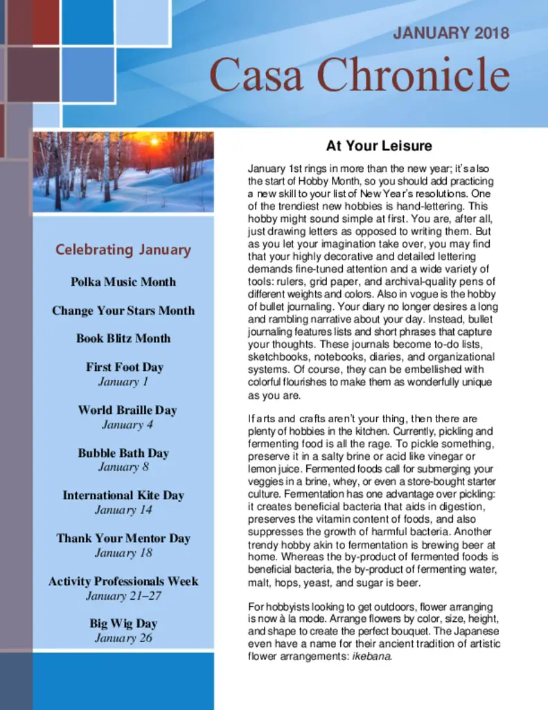 PDF Newsletter of Casa de Flores, , , , , Morro Bay, CA - 36494-C00712^Casa-Chronicle-January-2018^4_pg