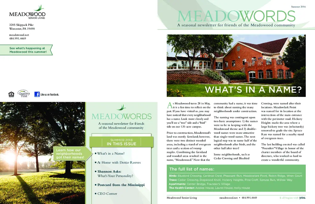 PDF Newsletter of Meadowood, , , , , Worcester, PA - 39855-C00458^Summer-2016-MeadoWords-newsletter^2_pg