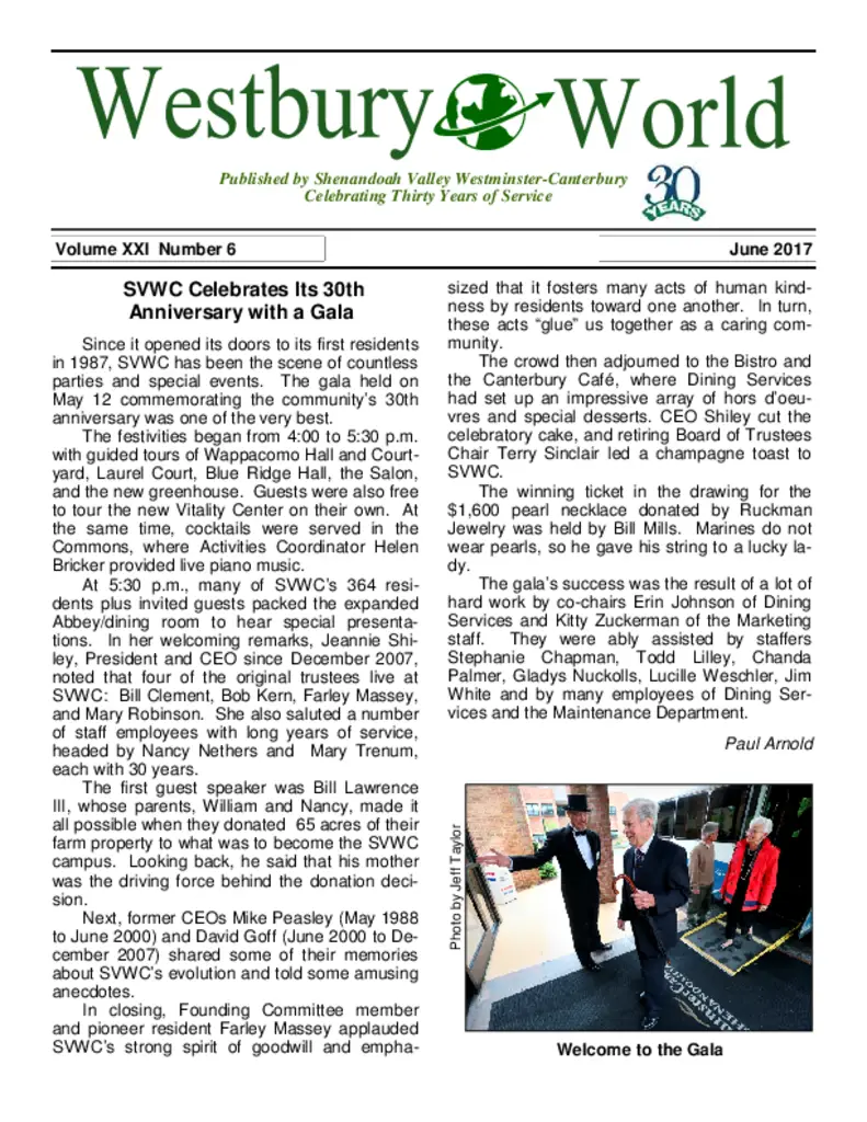 PDF Newsletter of Shenandoah Valley Westminster Canterbury, , , , , Winchester, VA - 42629-C00604^Westbury-World-June-2017^8_pg