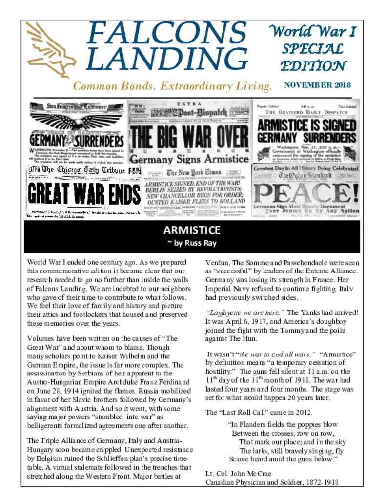 PDF Newsletter of Falcons Landing, , , , , Potomac Falls, VA - 42790-C00602^World_War_I_Special_Edition_-_Falcons_Landing_Newsletter^32_pg