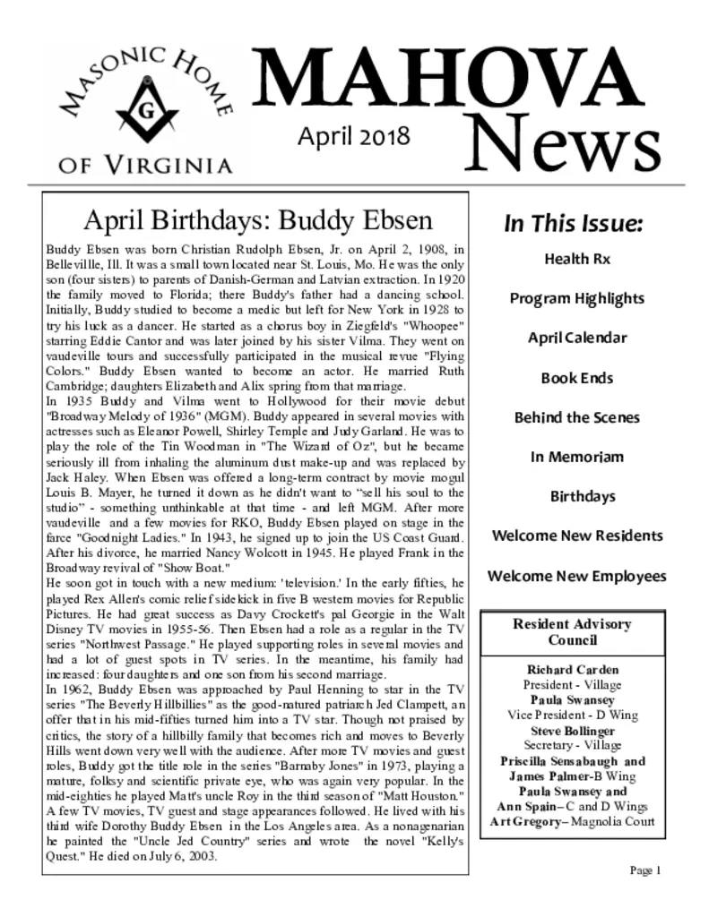 PDF Newsletter of Masonic Home of Virginia, , , , , Richmond, VA - 43606-C00589^April-2018-Newsletter^12_pg