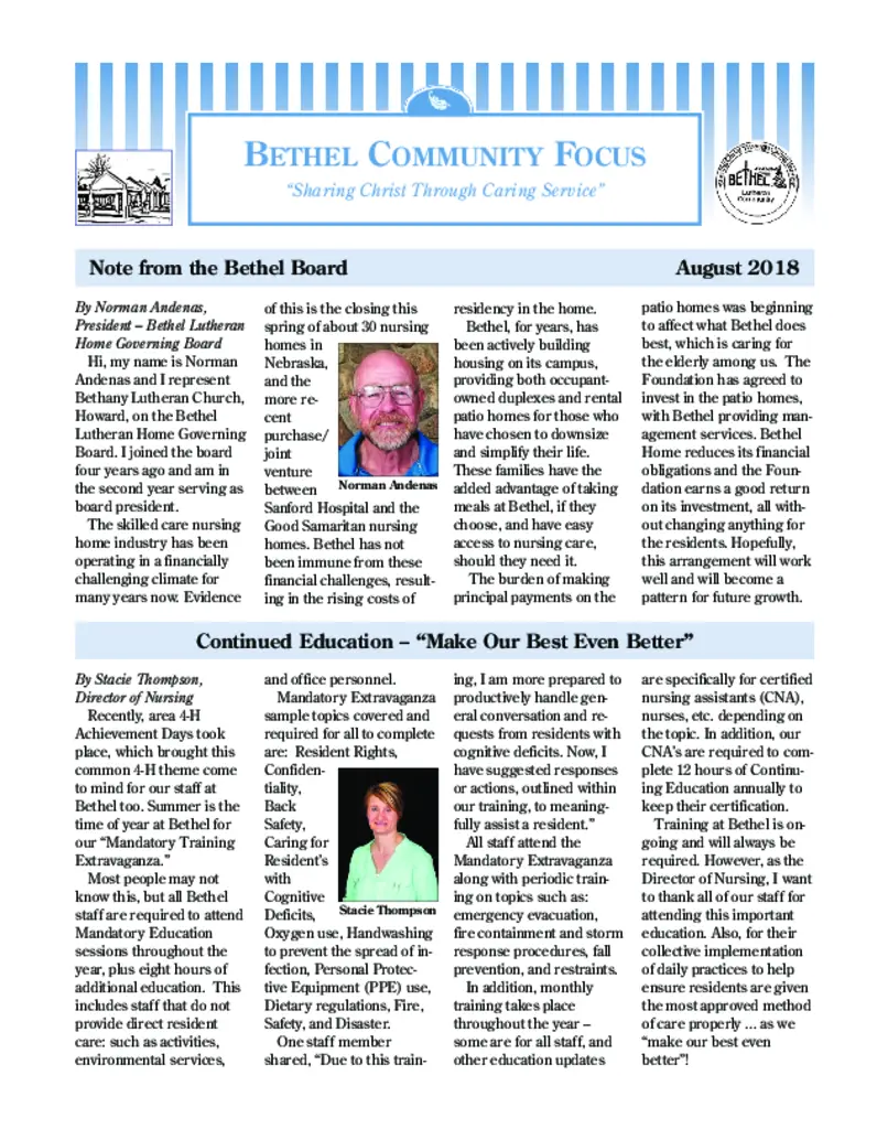 PDF Newsletter of Bethel Lutheran Home, , , , , Madison, SD - 45079-C00556^bethel_newsletter_2018-08^16_pg