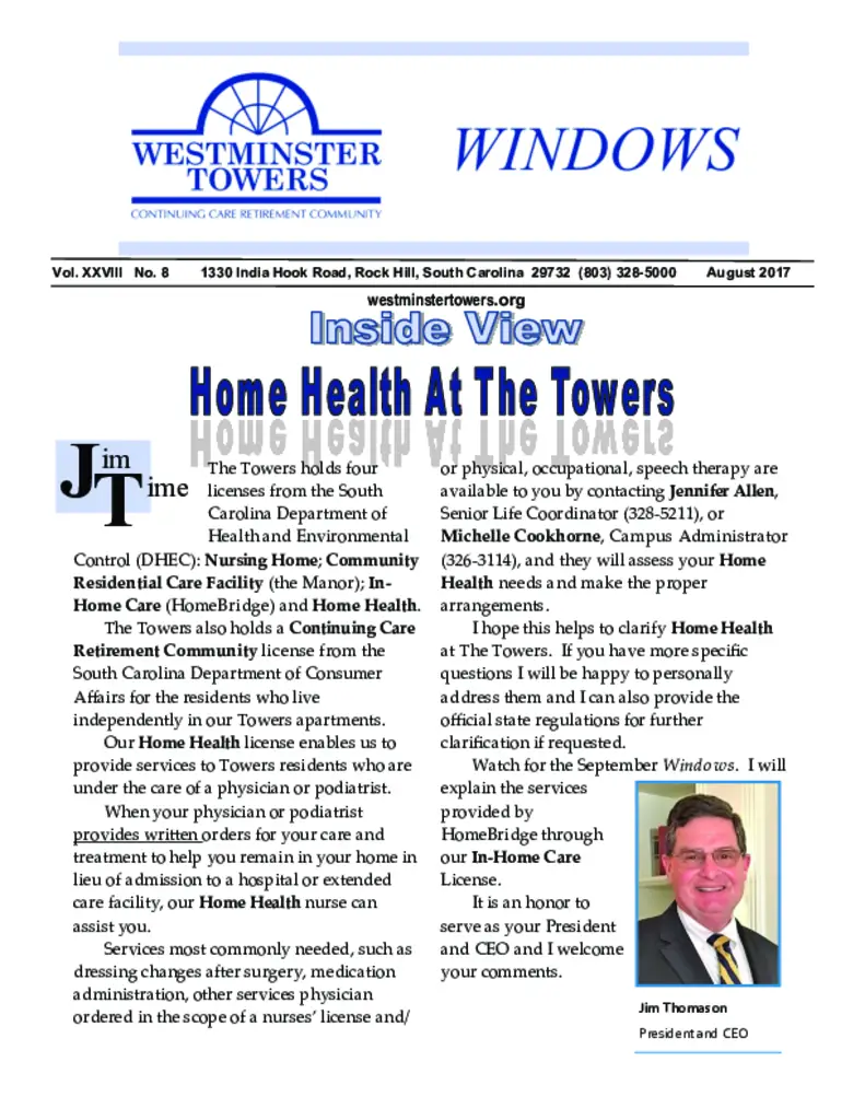 PDF Newsletter of Westminster Towers, , , , , Rock Hill, SC - 45387-C00549^August-2017-Newsletter^8_pg