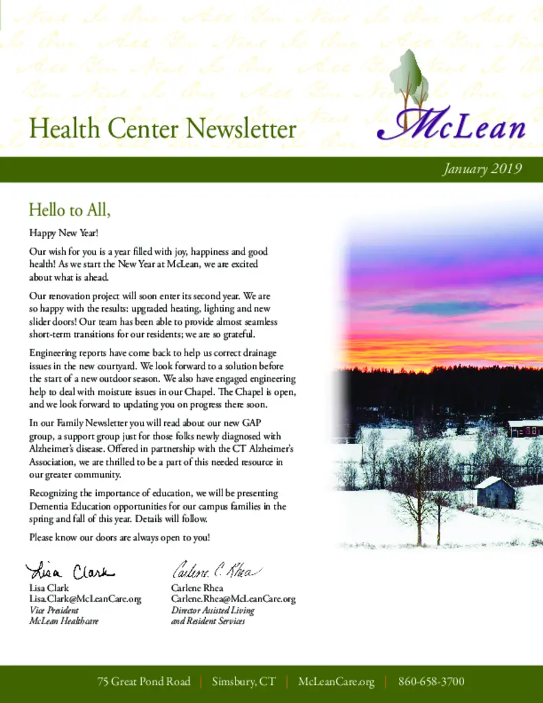 PDF Newsletter of McLean, , , , , Simsbury, CT - 4605-C00062^McLean_Jan2019_HC_Newsletter_web^3_pg