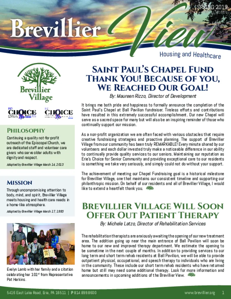 PDF Newsletter of Brevillier Village, , , , , Erie, PA - 46537-C01883^Spring2019View^8_pg