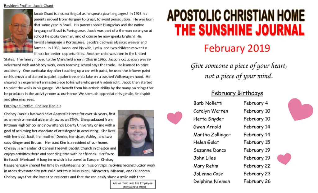 PDF Newsletter of Apostolic Christian Village, , , , , Rittman, OH - 47146-C01920^February-2019^2_pg