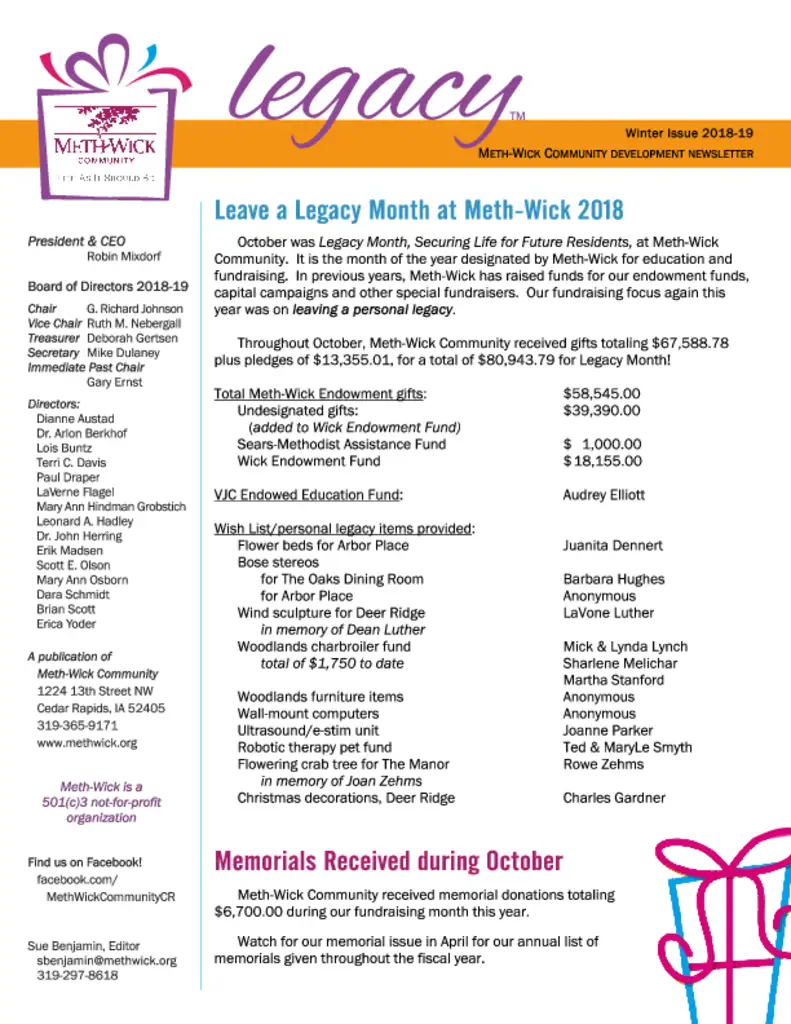 PDF Newsletter of Meth-Wick Community, , , , , Cedar Rapids, IA - 6447-C00116^meth-wick-legacy-newsletter-winter-2018^4_pg