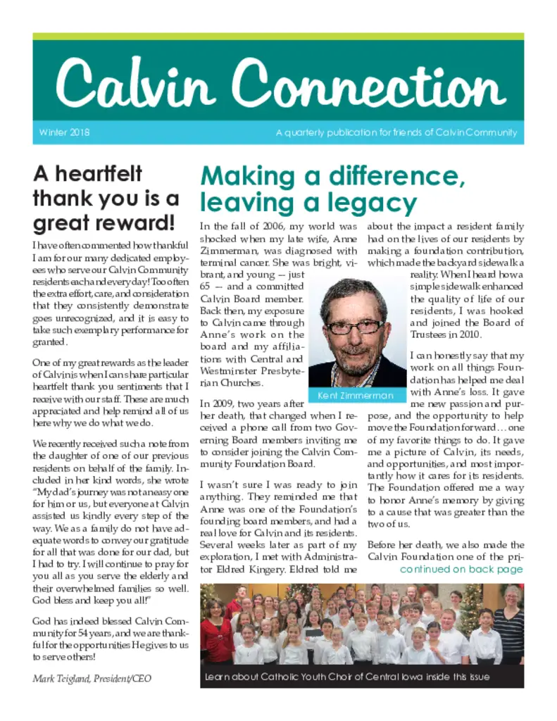 PDF Newsletter of Calvin Community, , , , , Des Moines, IA - 6592-C00120^winter-2018-newsletter^4_pg