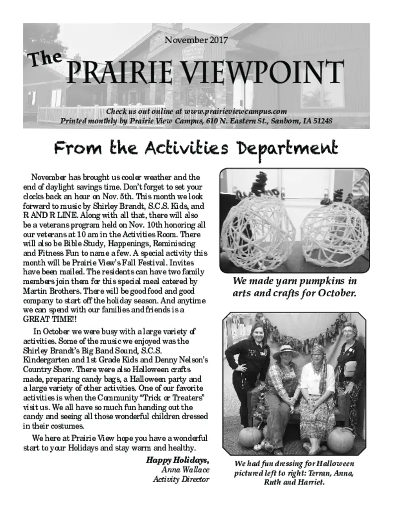 PDF Newsletter of Prairie View Campus, , , , , Sanborn, IA - 6941-C00129^November_Newsletter^4_pg