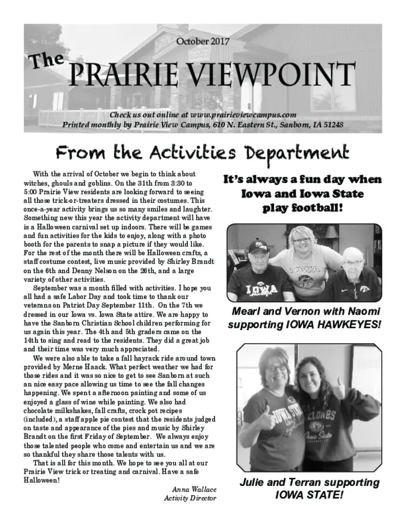 PDF Newsletter of Prairie View Campus, , , , , Sanborn, IA - 6942-C00129^October_2017_Newsletter^4_pg