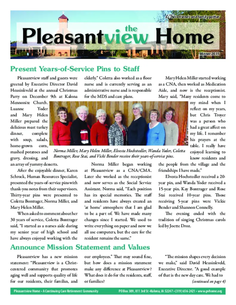PDF Newsletter of Pleasantview Home, , , , , Kalona, IA - 6944-C00130^the_view_winter_2015^4_pg