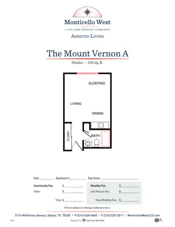 Floorplan of Monticello West, Assisted Living, Dallas, TX 1