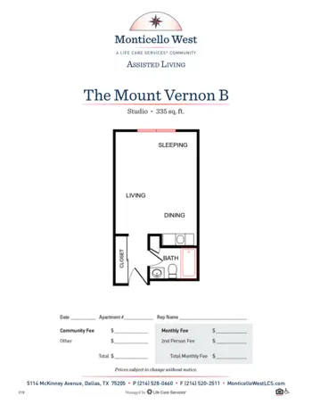 Floorplan of Monticello West, Assisted Living, Dallas, TX 2
