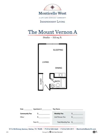 Floorplan of Monticello West, Assisted Living, Dallas, TX 16