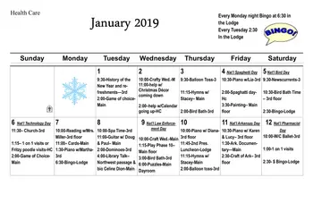 Activity Calendar of Presbyterian Village, Assisted Living, Nursing Home, Independent Living, CCRC, Little Rock, AR 1